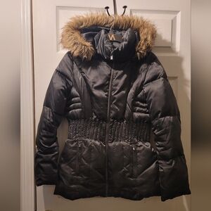 Laundry By Shelly Segal Puffer Belted Coat Size M Black Down Jacket Fur Trim